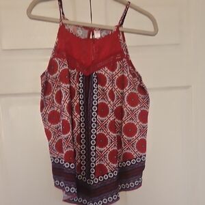 No Boundaries Red Printed Halter Cami with Navy Accents